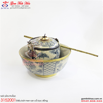 Điếu bát men rạn cổ bọc đồng vẽ Sơn Thủy