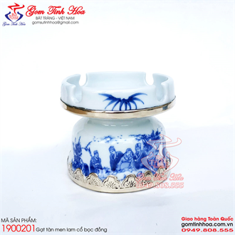 Gạt tàn gốm sứ men lam cổ bọc đồng Trúc lâm thất hiền