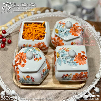 Set 4 hũ mứt tết gốm sứ Bát Tràng cao cấp vẽ hoa bách hợp
