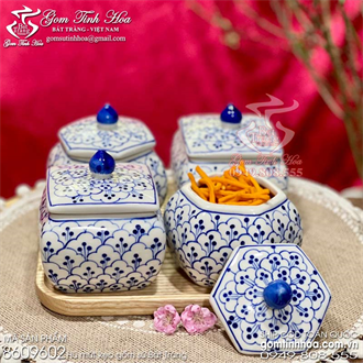 Set 4 hũ mứt tết gốm sứ Bát Tràng cao cấp vẽ hoa bèo