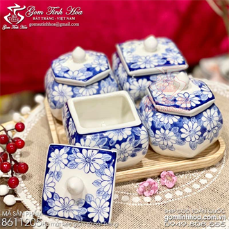 Set 4 hũ mứt tết gốm sứ Bát Tràng cao cấp vẽ hoa cúc màu lam