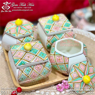 Set 4 hũ mứt tết gốm sứ Bát Tràng cao cấp trang trí đường diềm