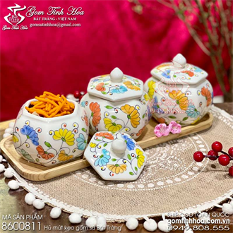 Bộ 3 hũ mứt tết lục giác gốm sứ Bát Tràng vẽ hoa cúc màu