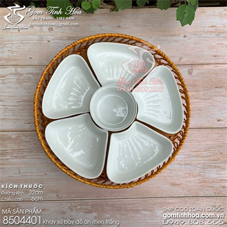 Khay sứ bày đồ ăn men trắng hình hoa đào