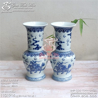 Lọ bá huê tôn 40cm vẽ kỳ lân men lam cổ Đồ Ký Kiểu phục chế