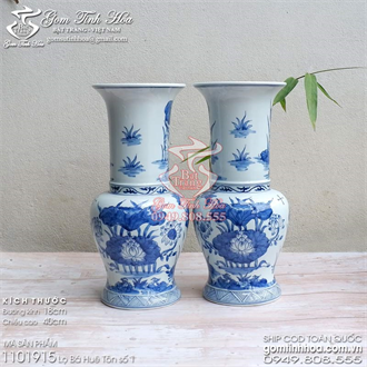 Lọ bá huê tôn 40cm gốm sứ men xanh trắng vẽ hoa sen