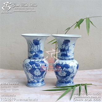 Lọ bá huê tôn 30cm men lam cổ vẽ hoa sen Đồ Ký Kiểu phục chế