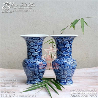Lọ bá huê tôn 30cm men lam cổ vẽ rồng ẩn Đồ Ký Kiểu phục chế