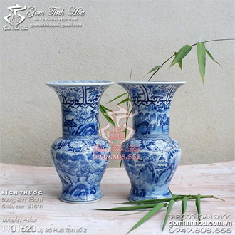 Lọ bá huê tôn 30cm men lam cổ vẽ sơn thủy Đồ Ký Kiểu phục chế