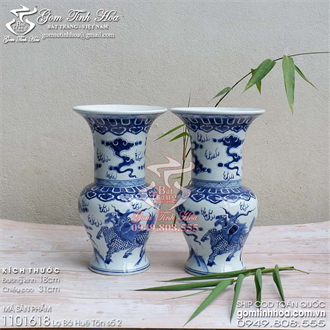 Lọ bá huê tôn 30cm men lam cổ vẽ kỳ lân Đồ Ký Kiểu phục chế