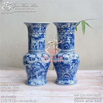 Lọ bá huê tôn 40cm gốm men lam vẽ sơn thủy hữu tình