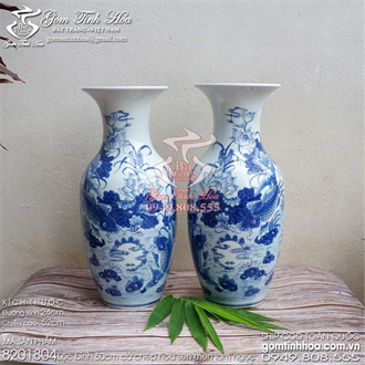 Lộc bình 50cm men lam cổ vẽ sen cá