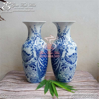 Lộc bình 50cm men lam cổ vẽ công đào