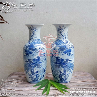 Lộc bình 50cm men lam cổ vẽ phù dung trĩ gốm sứ Bát Tràng