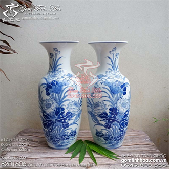 Lộc bình 60cm men lam vẽ hoa sen gốm sứ Bát Tràng cao cấp