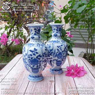 Lọ tỏi đèn lồng vẽ hoa men lam cổ Huế đồ Ký Kiểu phục chế