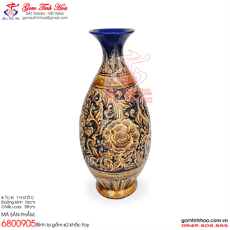Lọ tỳ bà Bát Tràng khắc hoa phù dung