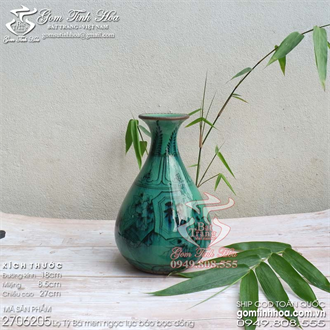 Lọ tỳ bà men ngọc lục bảo bọc đồng 27cm vẽ cuốn thư chữ Phúc