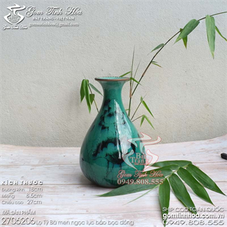Lọ tỳ bà men ngọc lục bảo bọc đồng giả cổ 27cm vẽ hoa sen