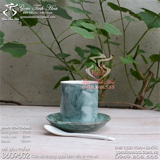 Ly cafe không quai men vân đá màu đen kèm đĩa sứ và thìa cafe