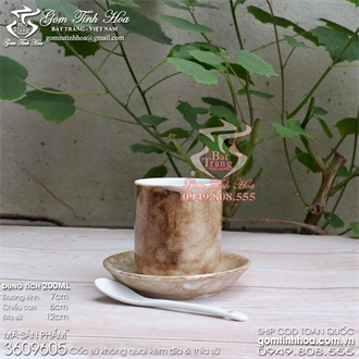 Ly cafe không quai men vân đá màu nâu kèm đĩa sứ và thìa cafe