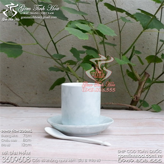 Ly cốc cafe không quai men vân đá màu ghi kèm đĩa sứ và thìa cafe