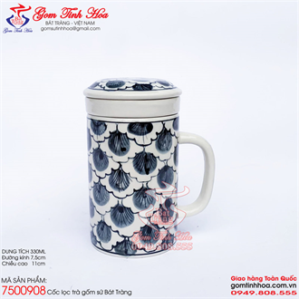 Ly cốc lọc trà gốm sứ vẽ lông công