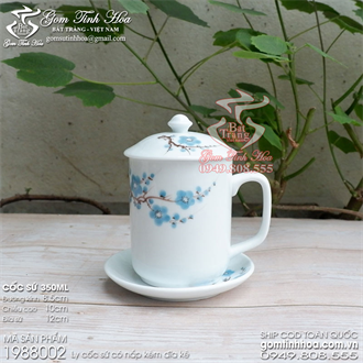 Ly cốc sứ có nắp kèm đĩa sứ men trắng vẽ hoa mai xanh