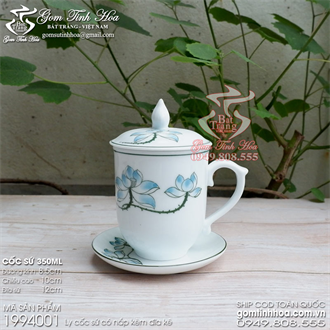 Ly cốc Mẫu Đơn men trắng kèm đĩa sứ men trắng vẽ hoa sen xanh