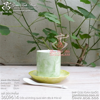 Ly cốc uống trà cafe men vân đá màu bạc hà kèm đĩa sứ và thìa cafe