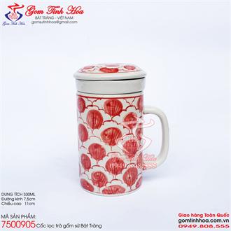 Ly lọc trà gốm sứ vẽ lông công đỏ