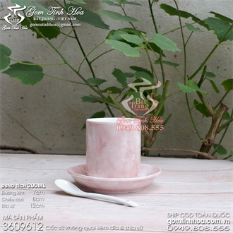 Ly sứ Bát Tràng không quai men vân đá màu hồng kèm đĩa sứ và thìa cafe