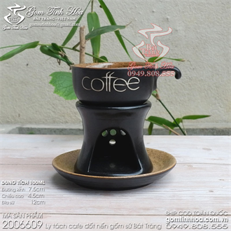 Ly tách cafe đốt nến kèm đĩa sứ men đen lòng gốm