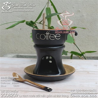 Ly tách cafe đốt nến kèm đĩa sứ và thìa cafe men đen lòng gốm