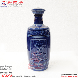 Nậm rượu gốm sứ 750ml Vua Hùng ban phúc men xanh coban