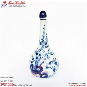 Nậm rượu men lam Huế vẽ hoa mai 500ml