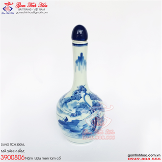Nậm rượu men lam cổ 300ml vẽ Lão Vọng