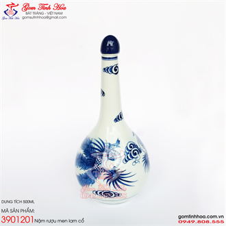Nậm sứ men lam cổ 500ml vẽ chim phượng
