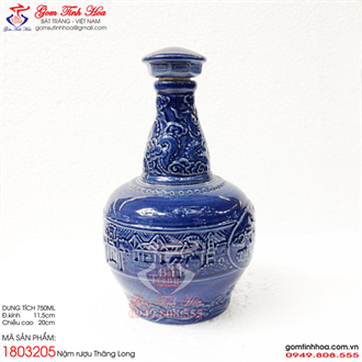 Chai rượu gốm sứ Thăng Long bát cảnh men xanh coban