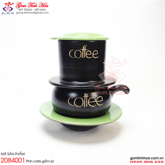 Phin cafe gốm sứ men đen lòng xanh khắc chữ Coffee