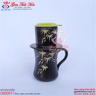Phin cafe gốm sứ men đen khắc tre trúc lòng xanh cốm