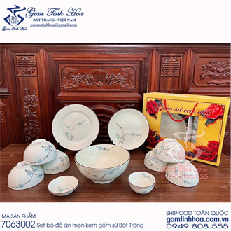 Set bát đĩa bộ đồ ăn men kem vẽ hoa mai xanh