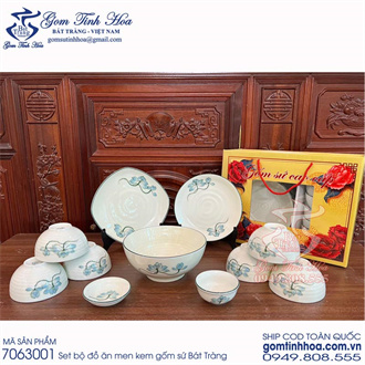 Set bát đĩa bộ đồ ăn men kem vẽ hoa sen xanh