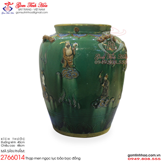 Thạp gốm men ngọc lục bảo bọc đồng đắp nổi Bát Tiên vân du