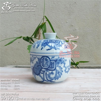 Thố sứ chưng yến men lam cổ vẽ mai thọ
