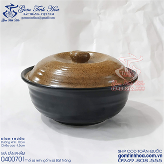Thố sứ có nắp men đen lòng gốm size mini