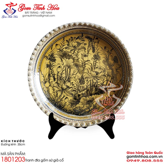 Tranh đĩa Bát Tràng giả cổ đường kính 35cm vẽ hoa sen