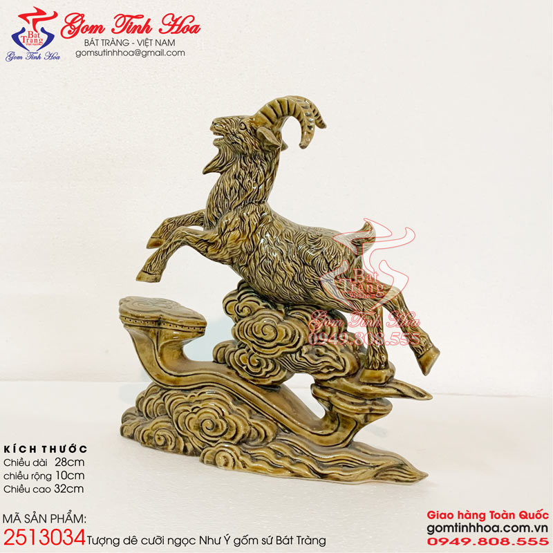 Tượng dê phong thủy gốm sứ Bát Tràng cao cấp Gốm Tinh Hoa Tượng dê cưỡi ngọc như ý